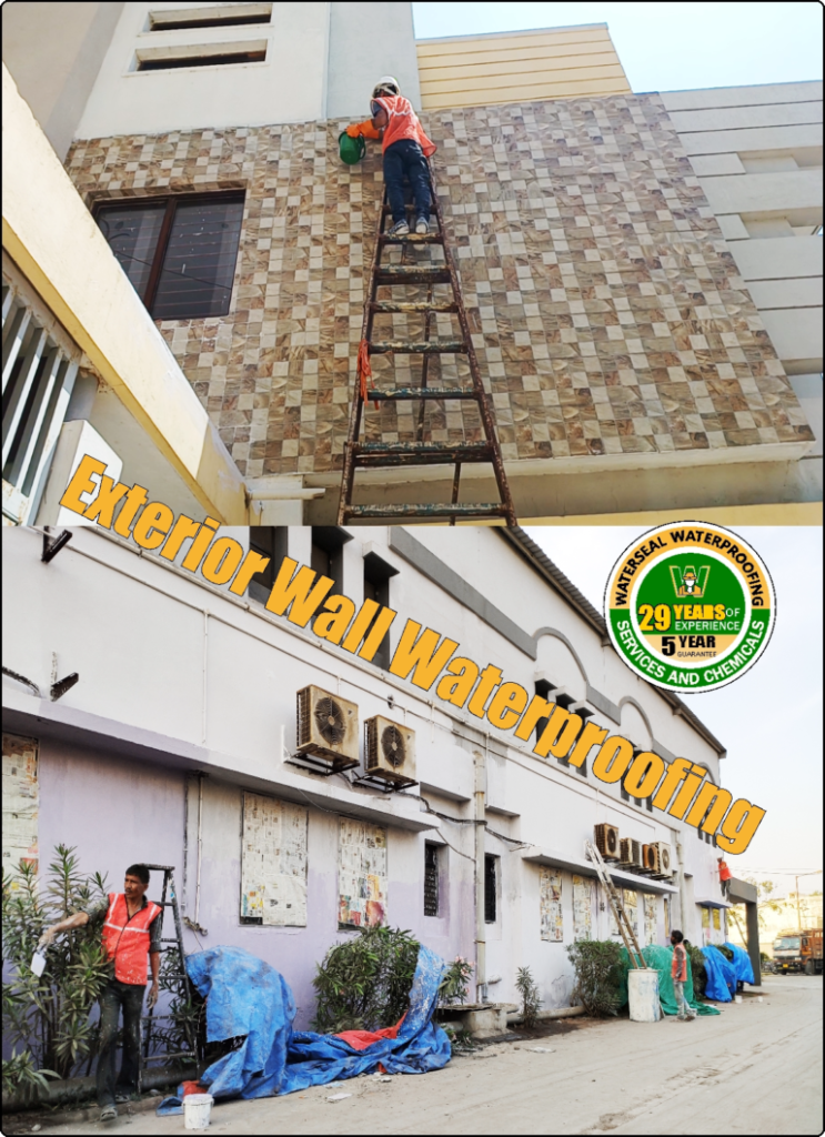 Exterior Wall Waterproofing in Ahmedabad for Rain Protection 1 Exterior Wall Waterproofing work in Ahmedabad showing wall coating and crack sealing process