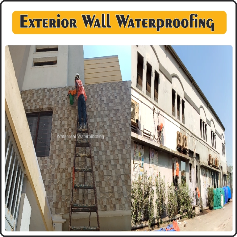 Exterior Wall Waterproofing process showing wall cleaning crack sealing and chemical coating