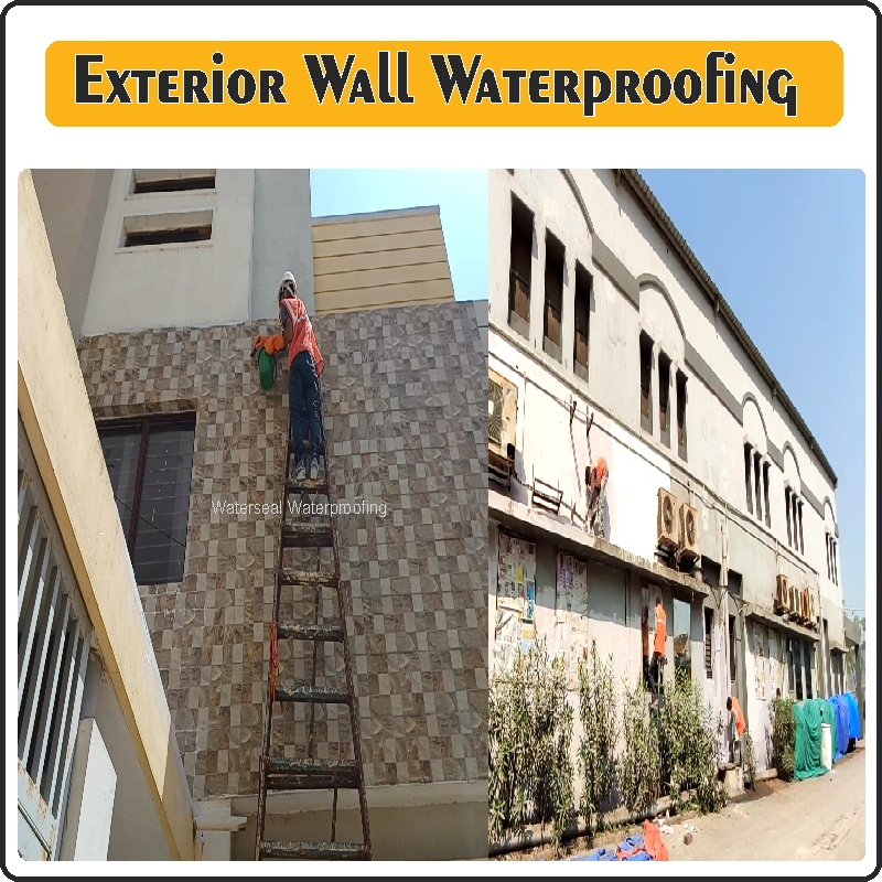 Exterior Wall Waterproofing in Ahmedabad for Rain Protection 2 Exterior Wall Waterproofing process showing wall cleaning crack sealing and chemical coating