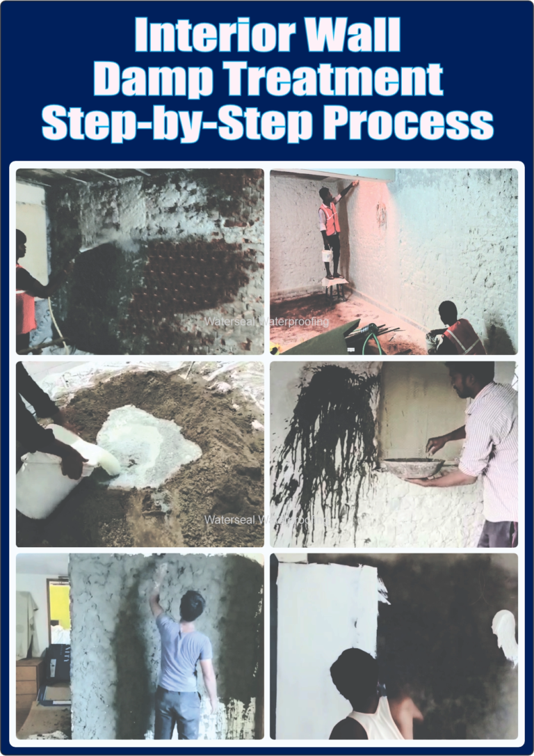 Interior Wall damp treatment process showing plaster removal and waterproof chemical wall coating