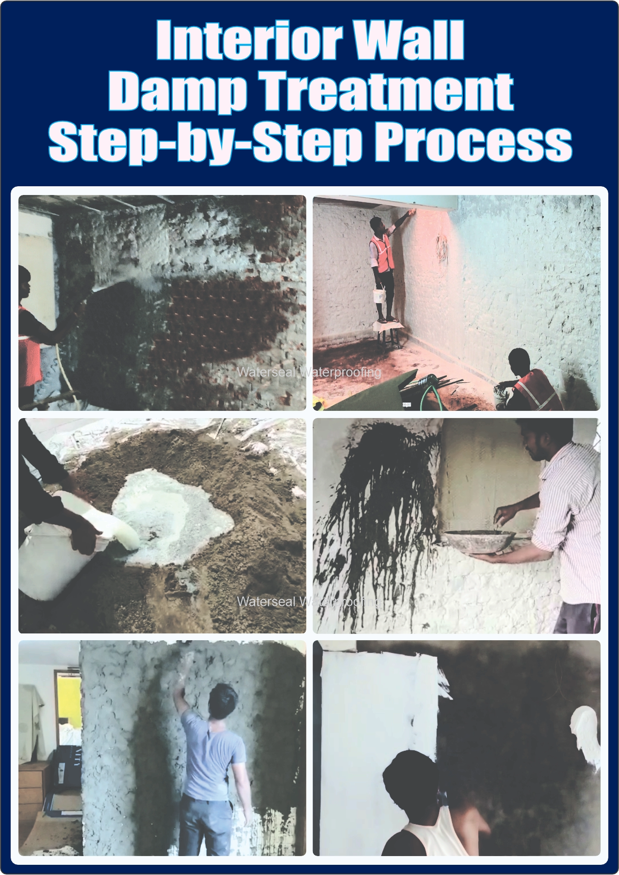 Interior Wall damp treatment process showing plaster removal and waterproof chemical wall coating