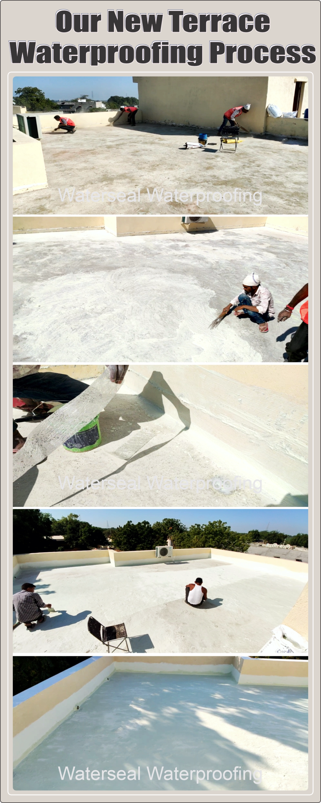 New terrace waterproofing process in Ahmedabad showing surface cleaning crack sealing and coating application