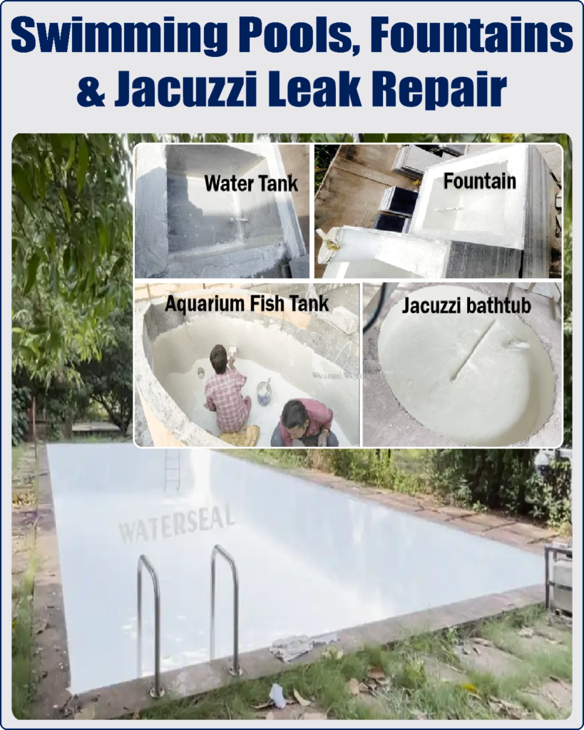 Swimming pool waterproofing and fountain leak repair treatment for pool and jacuzzi structures