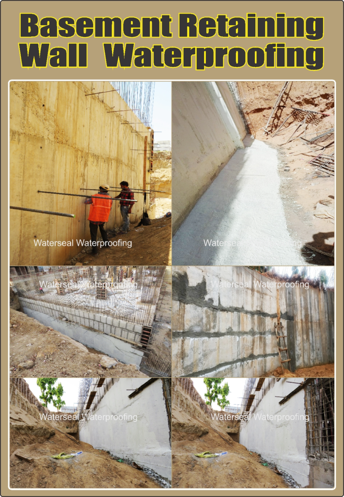 Basement Wall Waterproofing 1 Basement retaining wall waterproofing in Ahmedabad during chemical coating treatment before backfilling work