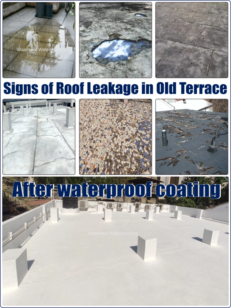 Signs of roof leakage in old terrace slabs showing cracks, standing water and waterproof repair in Ahmedabad